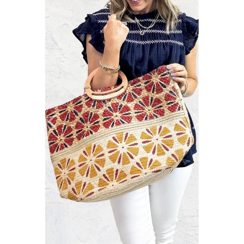 Antik Kraft Woven Jute Tote/Beach Bag Wooden Handles Large EUC Colorful Print